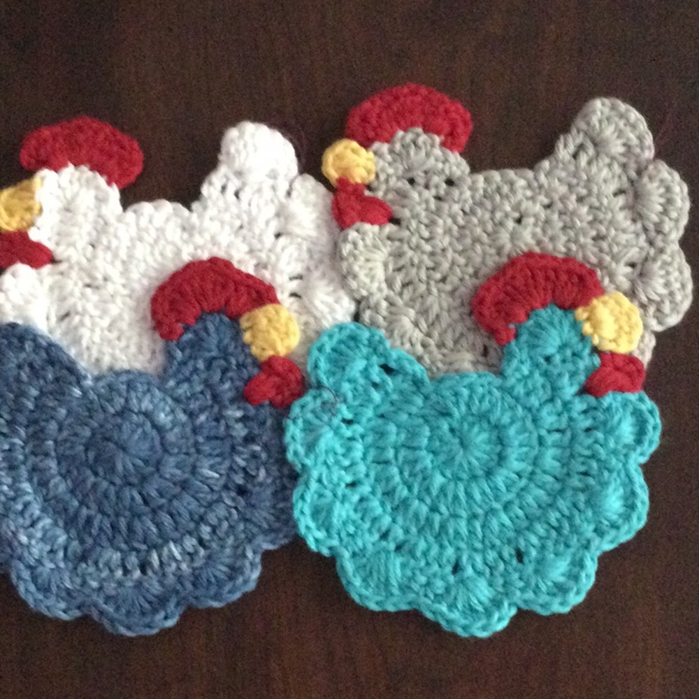 Handmade Crochet Chicken Coasters - Blue, Teal, White, Gray